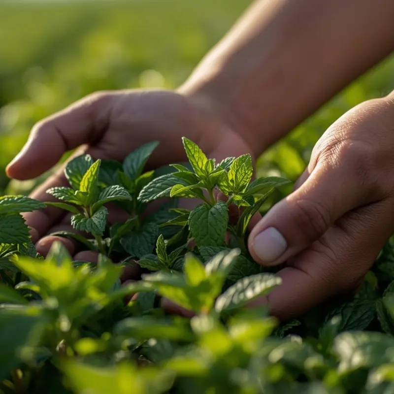 Nahaufnahme von Händen, die frische Minze auf einem tunesischen Kräuterfeld pflücken – Verdeva Export, nachhaltiger Kräuteranbau in Tabarka.