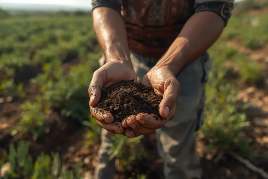 Tunesischer Landwirt hält fruchtbare Erde in den Händen – Symbol für nachhaltigen und verantwortungsvollen Kräuteranbau bei Verdeva Export in Tabarka.
