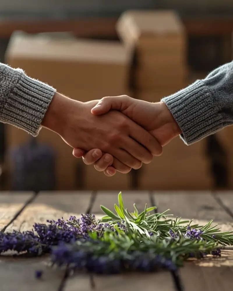Zwei Personen reichen sich die Hand über einem Holztisch mit frischem Lavendel und Kräutern – Symbol für nachhaltige Partnerschaft und B2B-Zusammenarbeit bei Verdeva Export
