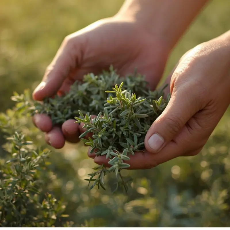 Nahaufnahme von Händen bei der Thymian-Ernte in Tabarka, Tunesien – Verdeva Export, handverlesene Kräuter