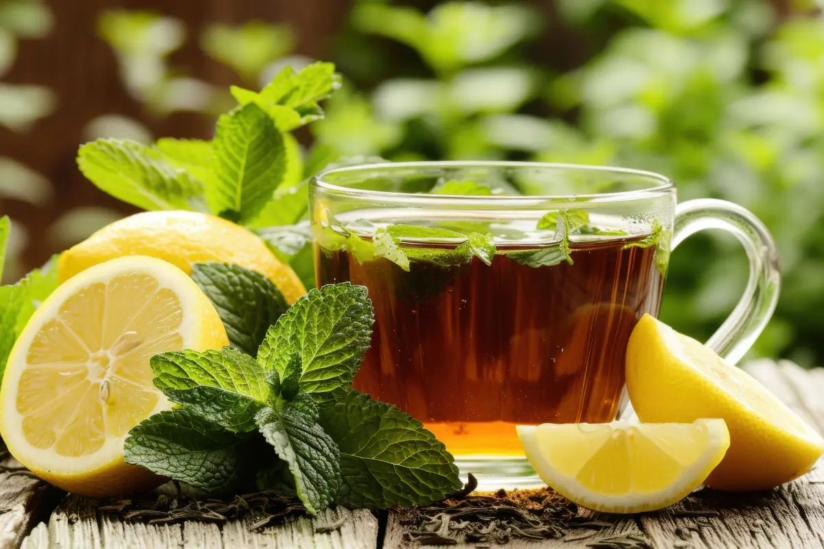 Glas mit heißem Minztee, umgeben von frischen Minzblättern und Zitronenscheiben auf Holz – erfrischendes Getränk mit Verdeva-Minze.