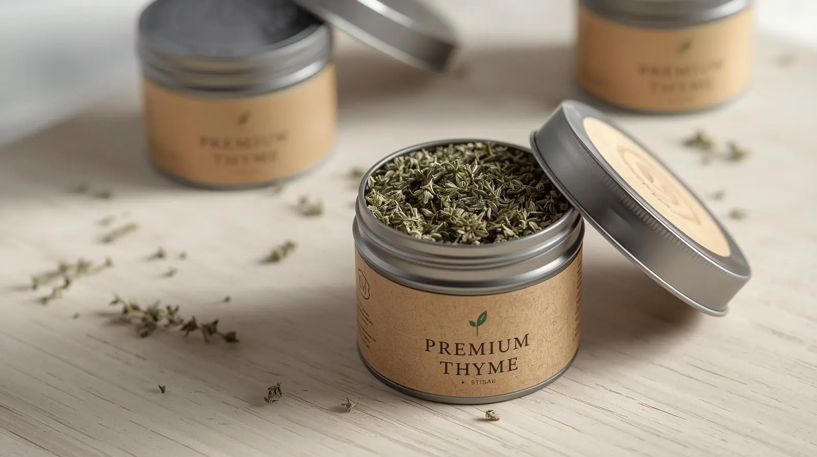 Geöffnete Metalldose mit getrockneten Thymianblättern – Premium-Thymian in moderner Verpackung für Gewürzindustrie und Handel