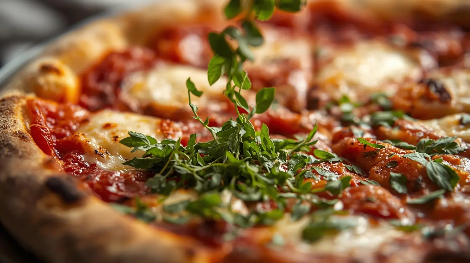 Frisch gebackene Pizza, auf die großzügig Oreganoblätter gestreut werden