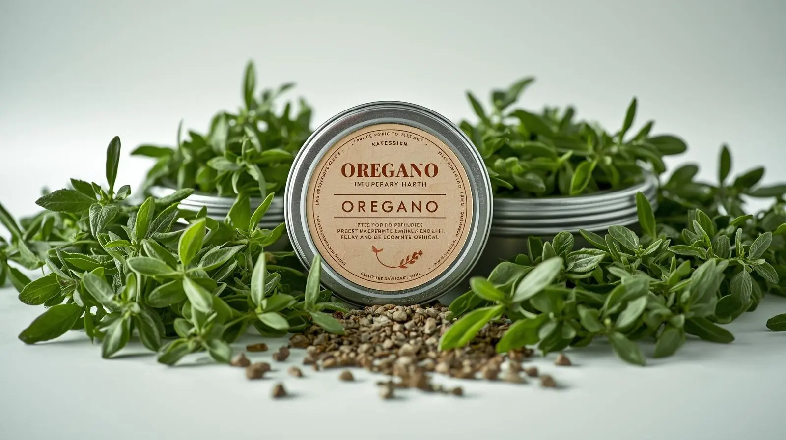 Metalldose mit Oregano-Etikett, umgeben von frischen Oreganoblättern und Kräutersamen auf hellem Untergrund