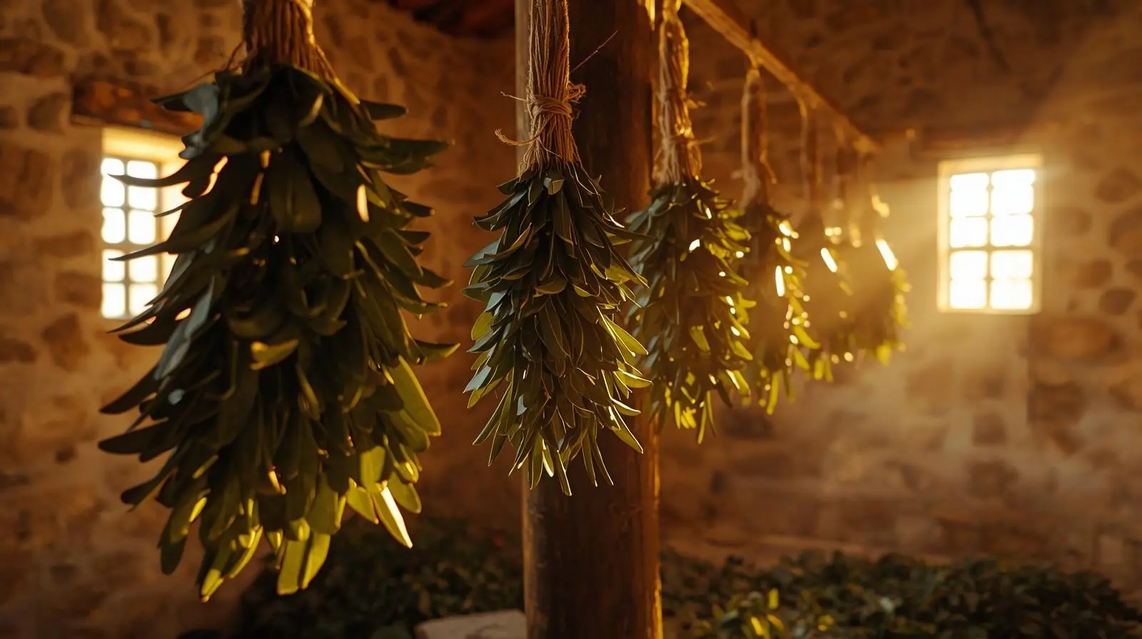 Lorbeerblätter in Bündeln beim Trocknen – schonende Verarbeitung in B2B-Qualität | VERDEVA