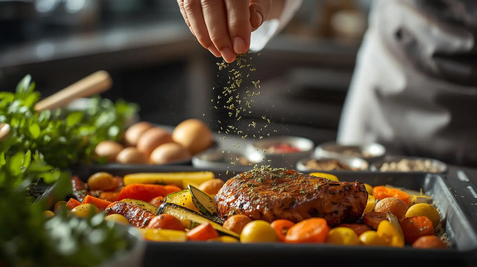 Hand eines Kochs, der getrockneten Thymian über ein Blech mit Fleisch und Gemüse in einer Profiküche streut