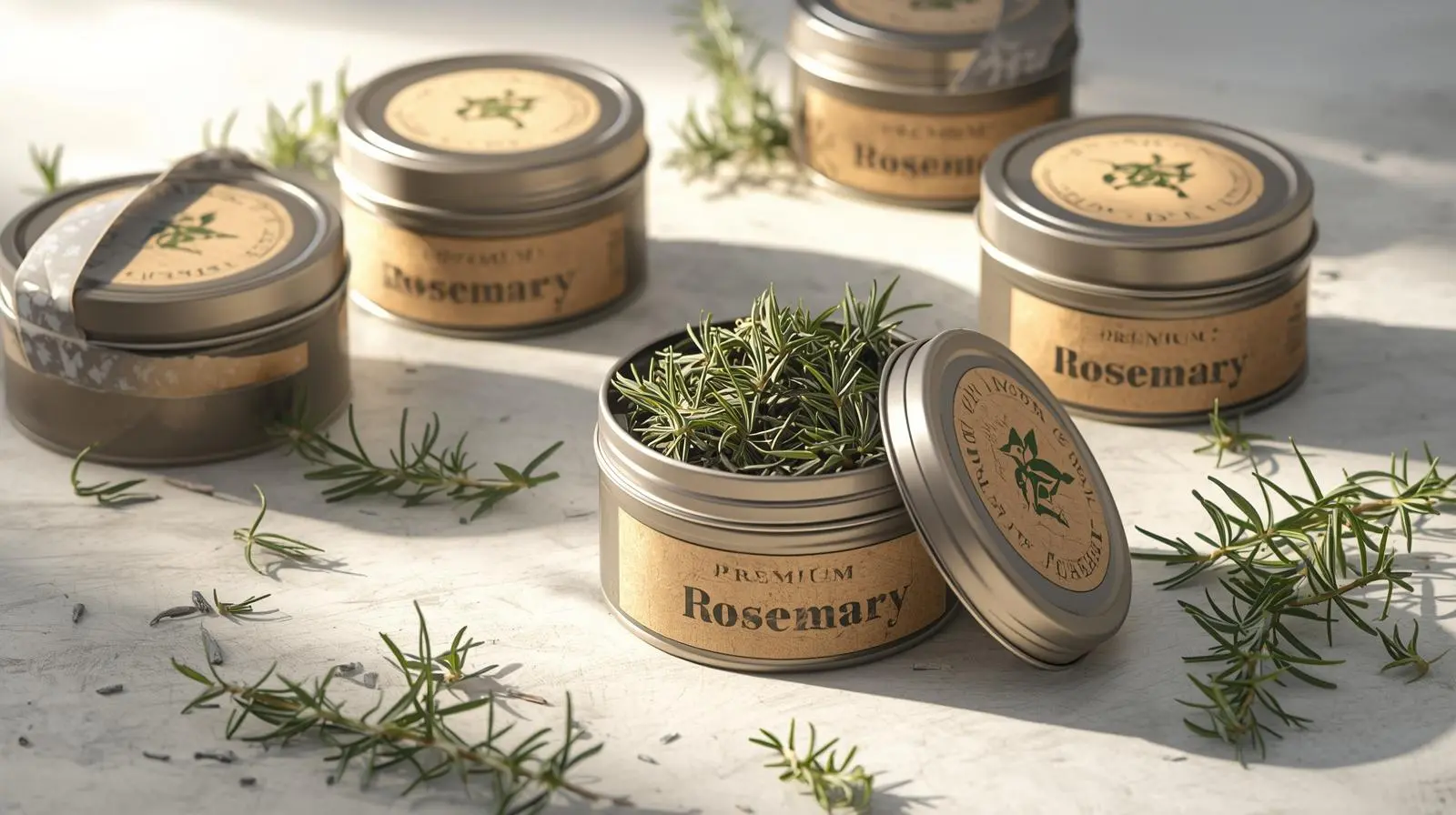 Geöffnete Metalldose mit Premium-Rosmarin und weiteren Gewürzdosen im Hintergrund auf hellem Untergrund