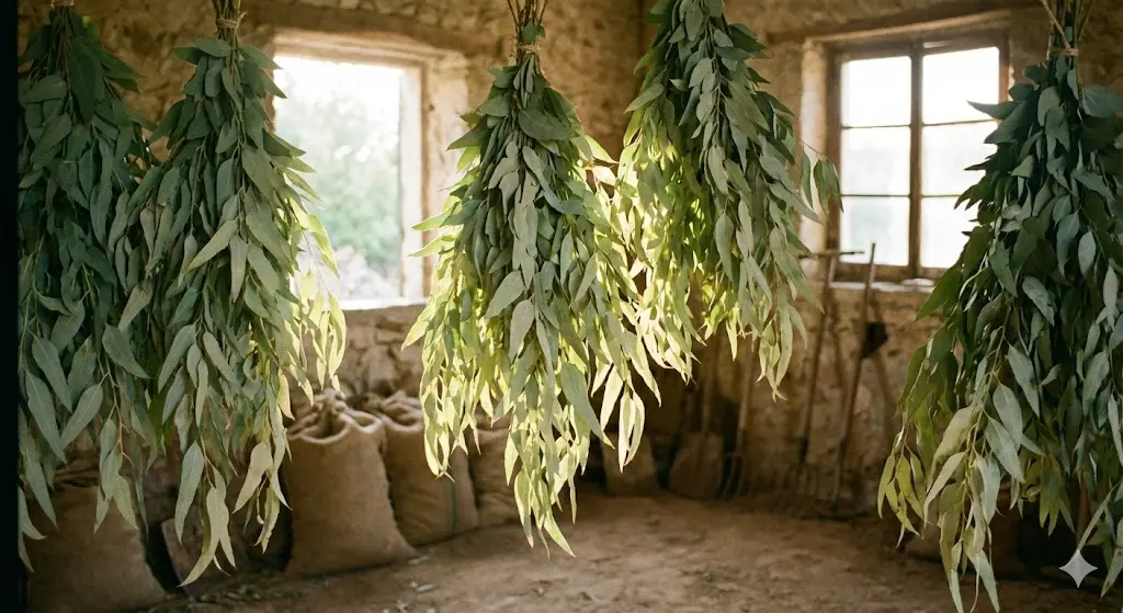 Eukalyptusblätter in Bündeln beim Trocknen – schonende Verarbeitung in B2B-Qualität | VERDEVA